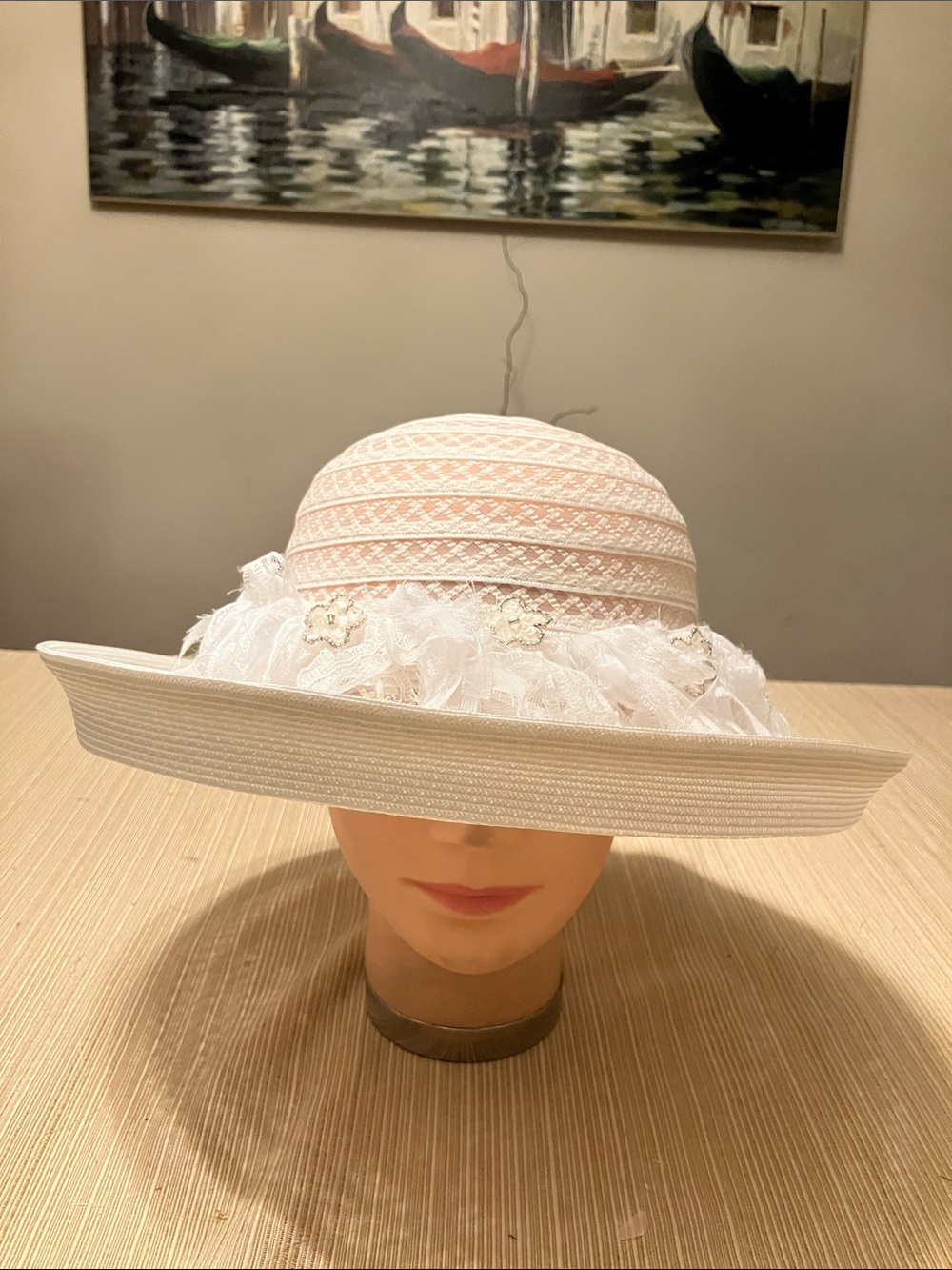 Elegant Women’s Wide-Brim White Lace Church Hat